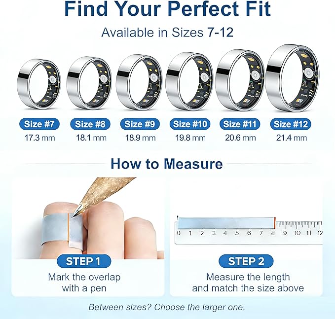 Smart Ring Health & Fitness Tracker for Men & Women, Heart Rate, SPO₂, Sleep & Activity Monitoring, IP68 Waterproof, Long Battery Life, Family Care Mode, No Subscription Fee (Silver, 9)
