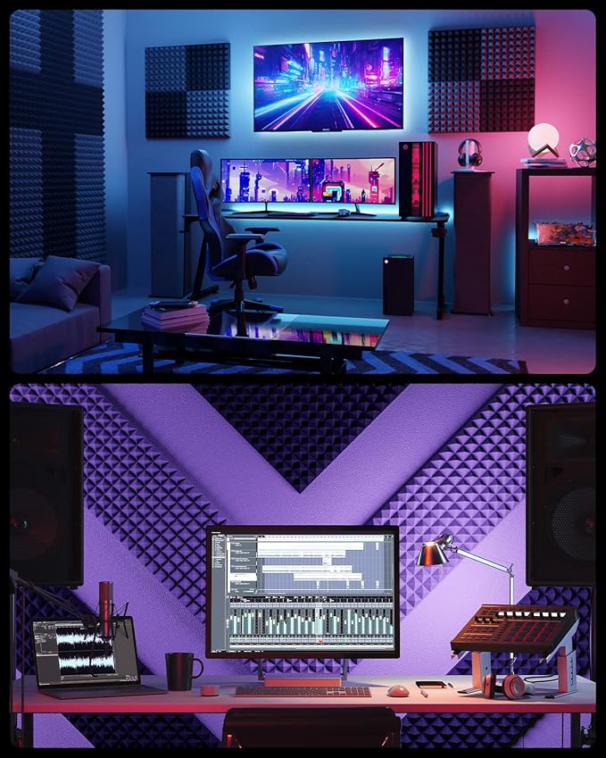 Sonicism Soundproof Wall Panels Self-Adhesive Pyramid 36 Pack,2" X 12" X 12" Acoustic Panels High Density Sound Proof Foam Panels for walls Fast Expand,Sound Absorption & Decoration(Black/Gray)