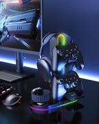 HiWe Universal RGB Gaming Headphone Stand with 2 Controller Holder, Wireless Charger for iPhone/iWatch, Solid ABS, Non-Slip Base, with USB-A & USB-C Outputs, Adatper Included, Black