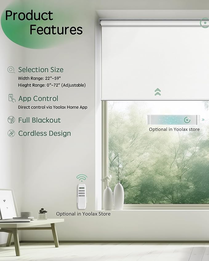 Yoolax Motorized Blinds App Control, Blackout Roller Shades for Windows, Cordless Automatic Shades Roller Window Blinds for Bedroom Living Room Office (Blackout Alpine White, 44" W x 72" H)