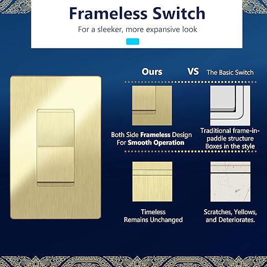 LIDER Brushed Gold Minimalist Design Decorator Switch, Frameless Paddle Wall Light Switch, On/Off Rocker Switch, Single Pole, Residential Grade, UL Listed, 3 Wire, 15A 120-277VAC