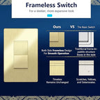 LIDER Brushed Gold Minimalist Decorator Switch with Screwless Wall Plate, Frameless Wall Light Switch, On/Off Rocker Switch, 3-Way or Single Pole, Residential Grade, UL Listed, 3 Wire, 15A 120-277VAC