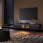 POVISON Sliding Tambour Door TV Stand with LED Lights, Mid Century Modern TV Console, Wood Media Console, Entertainment Center with Storage Cabinet, Fully-Assembled (Black, 94.49")