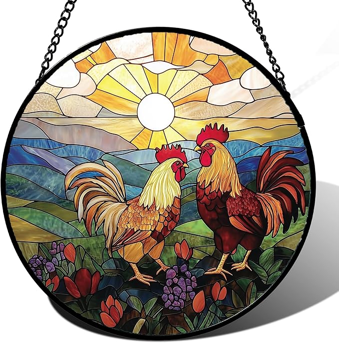 AMDERVEN Stained Glass Window Hanging, Countryside Scenery Chicken Sun Catcher for Door Home Decor Sunrise Suncatcher Christmas Mother's Day Birthday Gifts for Women Men Mom Nana 9.8 in