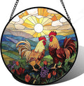 AMDERVEN Stained Glass Window Hanging, Countryside Scenery Chicken Sun Catcher for Door Home Decor Sunrise Suncatcher Christmas Mother's Day Birthday Gifts for Women Men Mom Nana 7.8 in