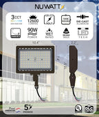 NUWATT 90W LED Flood Light, 3CCT 3000K/4000K/5000K Selectable, IP65 Waterproof Lighting, Adjustable Knuckle Mount, 12600LM, 0-10V Dimmable, 120-277V, Outdoor Security Floodlight for Yard, Bronze, UL