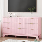 Xixini Fluted Dresser for Bedroom with 9 Drawers, 57" Wide Modern Chest of Drawers with Metal Handle, Wooden Dresser TV Stand, Wood Closet Clothes Storage Organizer for Living Room, Hallway, Pink