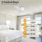 WINGBO 48" Flush Mount DC Ceiling Fans Without Lights, 5 Carved Solid Wood Blades, 6-Speed Reversible DC Motor, Low Profile Hugger Ceiling Fan No Lights for Living Room Bedroom Patio, Gloss White