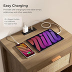 SICOTAS Nightstands Set of 2 with Charging Station Rattan Night Stand with Drawer Boho Bedside Table with USB and Type-C Ports Bed Side Tables for Bedroom Small Space, Oak
