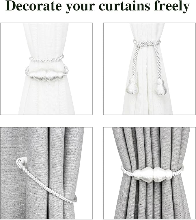 Nieffeiy Magnetic Curtain Tiebacks Outdoor Curtain Tie Backs Rope Decorative Magnetic Curtain Holders for Drapes Window Treatment Holdbacks, White 4Pack