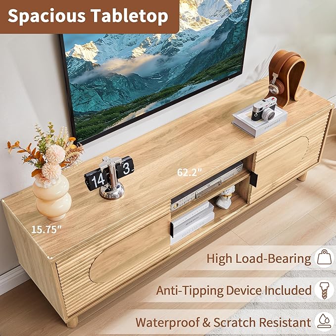 Bifins 63inch Wood TV Stand for Televisions up to 70 Inches,Mid Century Modern Entertainment Center TV Console Table with Storage and Shelf for Living Room Bedroom (Natural Oak)