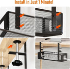 DELAMU Under Desk Cable Management Tray - Cable Management Tray No Drill with F-Clamp Design, Metal Mesh Cord Organizer, Sturdy Wire Organizers for Cords for Home Office Standing Desk, Black