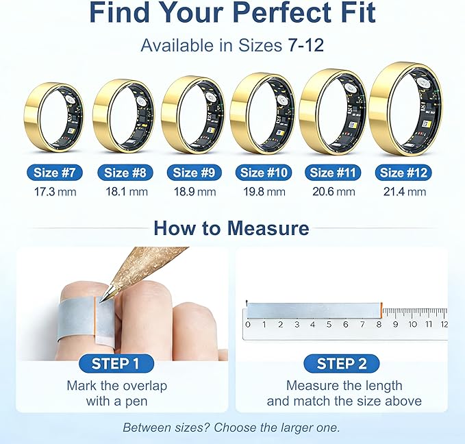 Smart Ring Health & Fitness Tracker for Men & Women, Heart Rate, SPO₂, Sleep & Activity Monitoring, IP68 Waterproof, Long Battery Life, Family Care Mode, No Subscription Fee (Gold, 7)