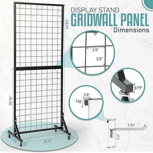 2 Gridwall Panels | 5 FT Tall x 2 FT Wide Portable Display Stand for Vendor Events with Caster Wheels | Heavy Duty Grid Wall with 16 Hooks Included | Gridwall Panel Display Stand for Easy Assembly