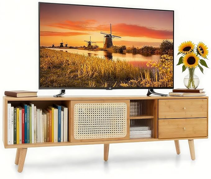 Giantex Mid Century Modern TV Stand for TVs up to 65", Wood Entertainment Center with Open Storage Shelves, PE Rattan Sliding Doors & Drawers, Media TV Console Table for Living Room (Natural)