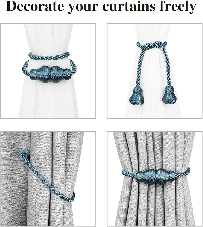 Nieffeiy Magnetic Curtain Tiebacks Outdoor Curtain Tie Backs Rope Decorative Magnetic Curtain Holders for Drapes Window Treatment Holdbacks, Blue 6Pack
