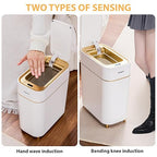 Pukomc Automatic Small Sensor Trash Can with Touchless Lid, 2.3 Gallon / 9L Smart Garbage Can, Quiet Close White Gold Waste Bin - Perfect for Kitchen, Living Room & Small Spaces