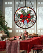 DASTOLL Stained Glass Window Hanging - Pine Branches Red Bow Suncatcher for Doors Home Christmas Decoration Silver Sun Catcher Thanksgiving New Year Birthday Gifts for Women Men Mom Nana 11.8 in