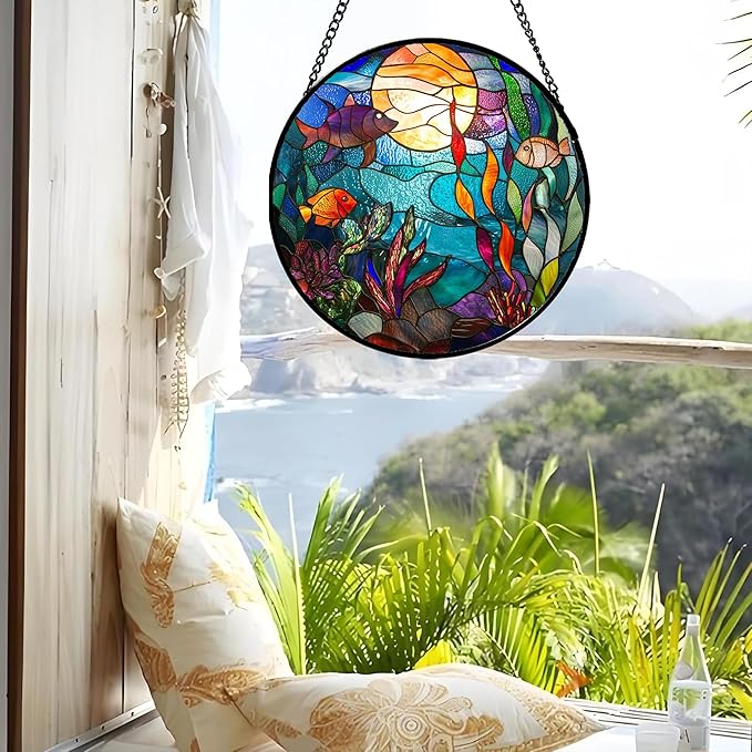 AMDERVEN Stained Glass Window Hanging - Blue Ocean World Small Fish Coral Sun Catcher for Door Garden Home Decor Sea Suncatcher Christmas Mother's Day Birthday Gifts for Women Men Mom Nana 11.8 in