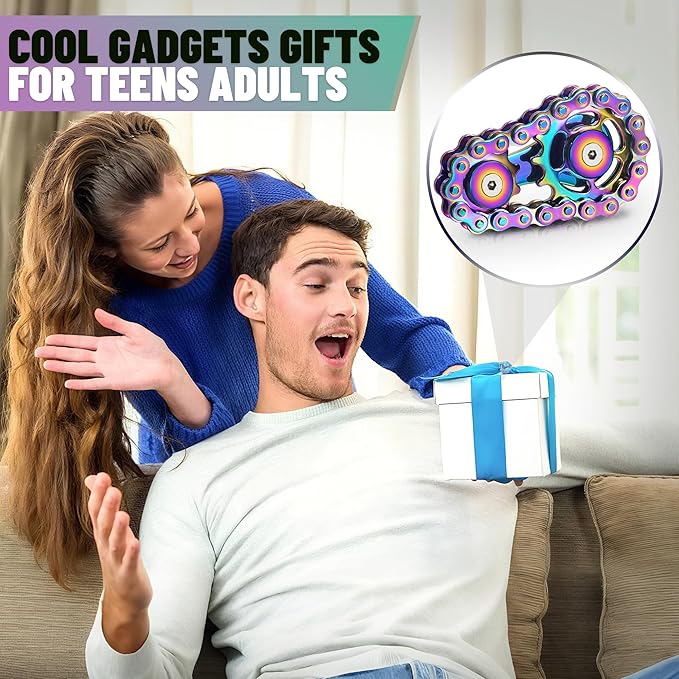 Valentines Day Gifts for Teens Boys Metal Fidget Spinner Toys for Adults Figette Bike Chain Roller Cool Gadgets ADHD Anxiety Stress Relief Items Figet Desk Offices EDC Men - Rainbow+Silver