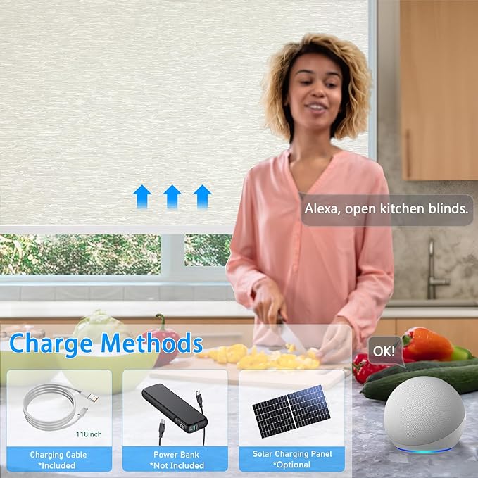 COOLWINDS Motorized Blinds with Remote Cordless Automatic Motorized Shades Custom Blinds for Windows Smart Curtains Compatible with Alexa Google Home(Blackout Jacquard Beige,W32 x H72in)