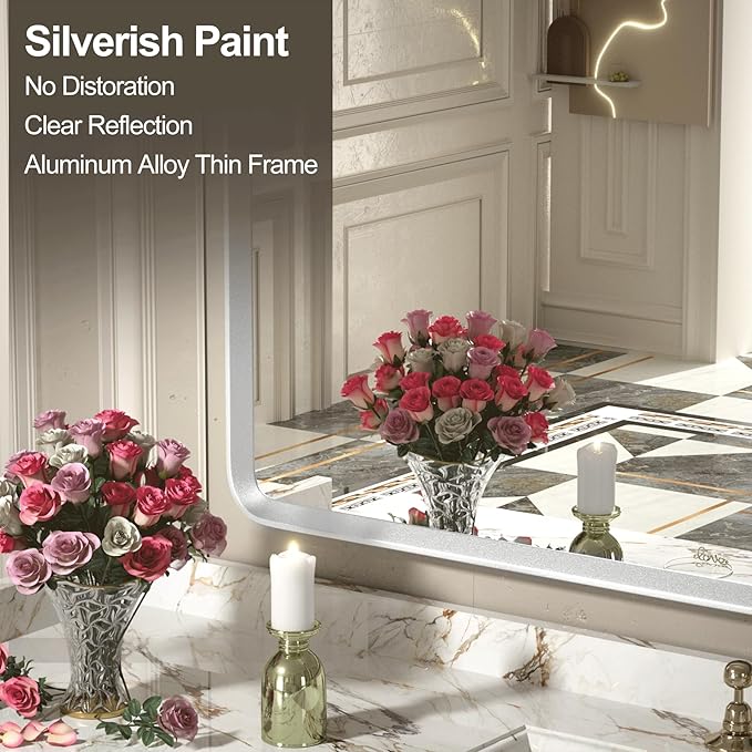 44x36 Inch Silver Framed Mirror, Silver Bathroom Vanity Mirror for Wall, Brushed Nickel, Rounded Rectangle Mirror, Shatterproof, Anti-Rust (Horizontal/Vertical)