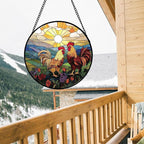 AMDERVEN Stained Glass Window Hanging, Countryside Scenery Chicken Sun Catcher for Door Home Decor Sunrise Suncatcher Christmas Mother's Day Birthday Gifts for Women Men Mom Nana 11.8 in