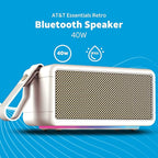 AT&T Essentials Retro 40W Bluetooth Speaker, IPX6 Waterproof, Bluetooth 5.3, LED Light Modes, Bass & Treble Control, 12H Battery, USB-C Charging, Outdoor & Indoor Use, Home Audio System - Cream
