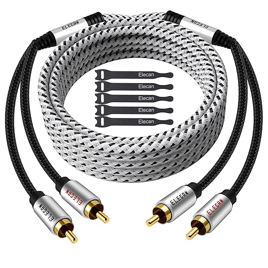 Elecan Premium RCA Cable 4 Ft (Hi-Fi Sound-16 AWG-Shielded) 2 RCA Male to 2 RCA Male Stereo Audio Cable, Gold Plated-Aluminum Alloy Shell-Pure Copper-Braided RCA Cord for Home Theater Speakers + Ties