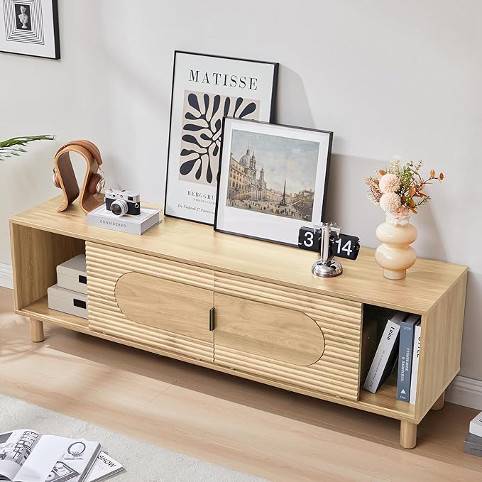 Bifins 63inch Wood TV Stand for Televisions up to 70 Inches,Mid Century Modern Entertainment Center TV Console Table with Storage and Shelf for Living Room Bedroom (Natural Oak)