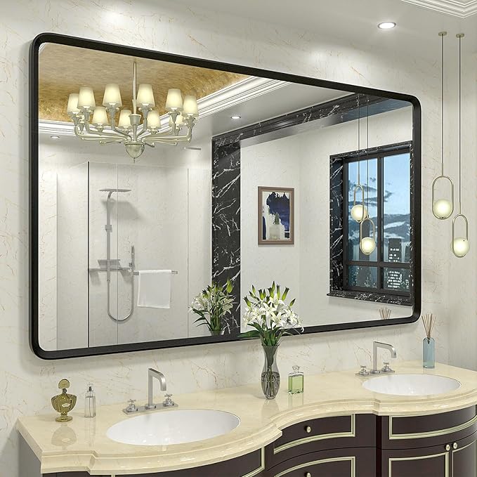 60x36 Black Matte Bathroom Mirror, Large Metal Framed Black Bathroom Vanity Mirror for Wall, Rounded Corner Rectangle Mirror, Anti-Rust, Shatterproof (Horizontally/Vertically)
