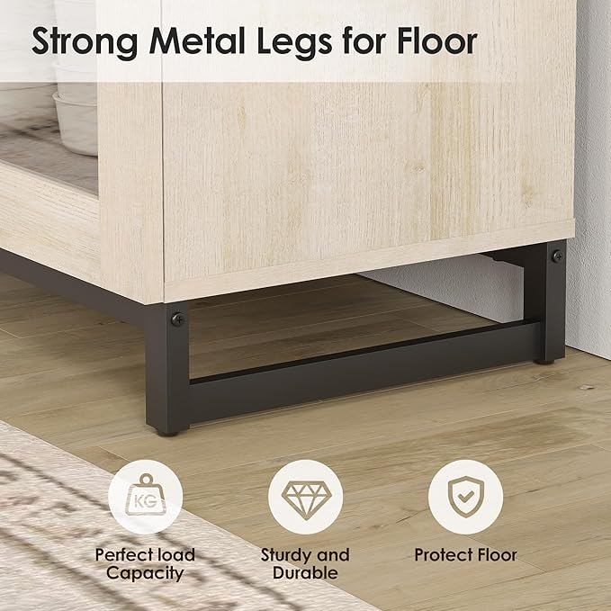 WAMPAT Modern TV Stand with Glass Doors for 110 inch TVs, 3 in 1 Entertainment Center Console with Adjustable Shelves and Metal Base for Living Room, Bedroom, Light Oak