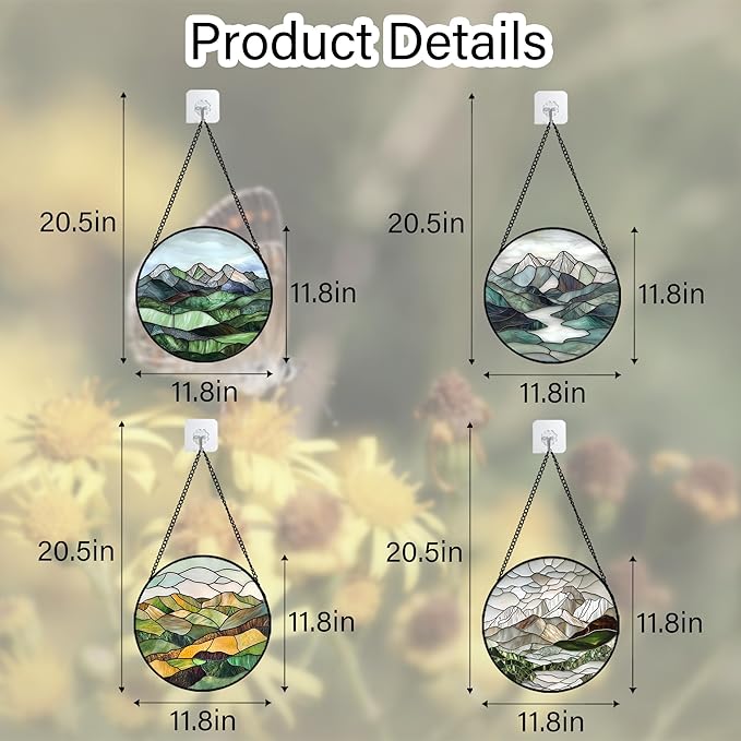 AMDERVEN Stained Glass Window Hanging 4 Pcs Set Mountain River Landscape Large 11.8" - Suncatcher Door Garden Sun Catcher Decor Birthday Mother's Day for Mom Woman Nana Girl Boy Friend