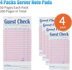 4 Pack Pink Guest Checks Books for Servers Server Note Pads, Waiter Checkbook, Waitress Notepad for Restaurants, Paper Checks 50 Sheets/Pack, 200 Total Tickets