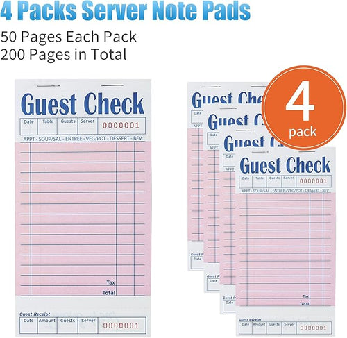 4 Pack Pink Guest Checks Books for Servers Server Note Pads, Waiter Checkbook, Waitress Notepad for Restaurants, Paper Checks 50 Sheets/Pack, 200 Total Tickets