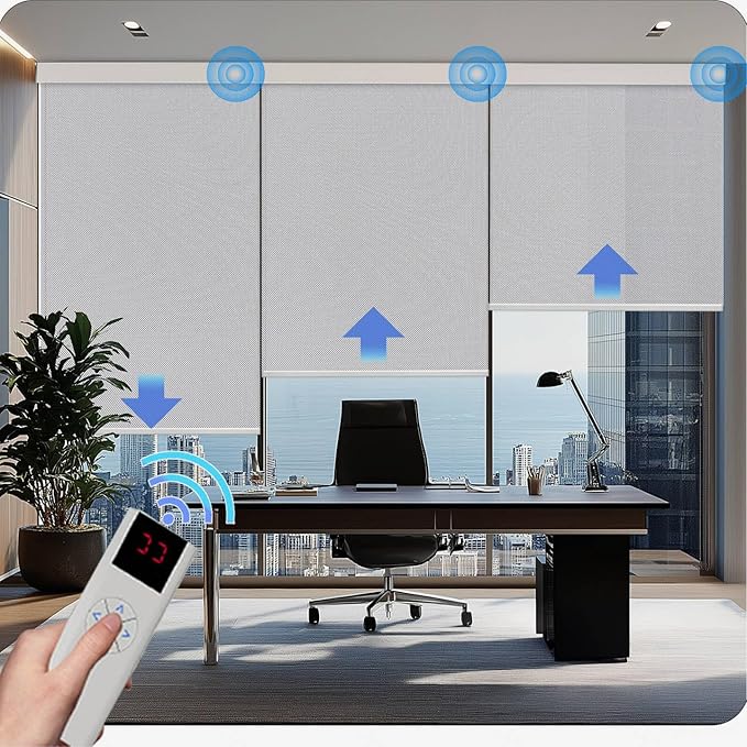 COOLWINDS Motorized Blinds with Remote Cordless Automatic Motorized Shades Custom Blinds for Indoor Windows Smart Curtains with Alexa Google Home(Solar Grey,W33 x H72in)
