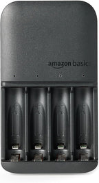 Amazon Basics 4-Bay Battery Charger for AA & AAA Rechargeable Batteries with Rechargeable AA NiMh Batteries, 4 count (Pack of 1), Type A (American) Plug, Black