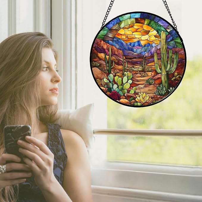 CRISGIF Stained Glass Window Hanging Cactus Mountains Landscape 7.8" - Suncatcher Door Garden Sunroom Sun Catcher Home Decor Birthday Christmas for Mom Men Woman Nana