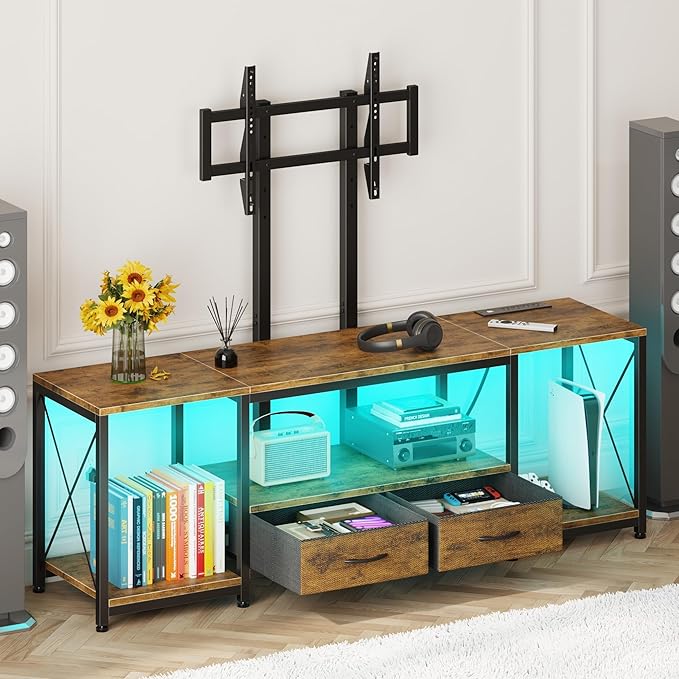 GYIIYUO LED TV Stand with Mount and Power Outlet & Fabric Drawers for 32-85 Inches TV - Entertainment Center and Corner Tv Stand for Living Room, Bedroom- 55" Rustic Brown (MAX VESA 600mm × 400mm)