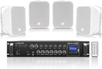 Sound Town Commercial Restaurant Bluetooth Amplifier + Surface-Mount Speaker Set, with One 6-Zone 70V/100V Amplifier with Bluetooth, 4 x 5.25-Inch Surface-Mount Speakers, White (STCA180X4MS5W)