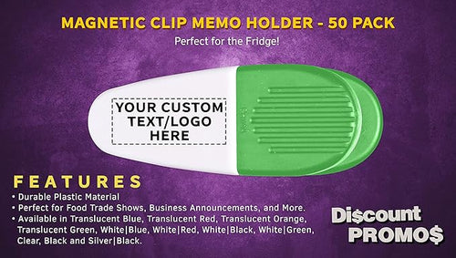 50 Magnetic Memo Holders Set - Customizable Text, Logo - Large Clip, Plastic - White Green