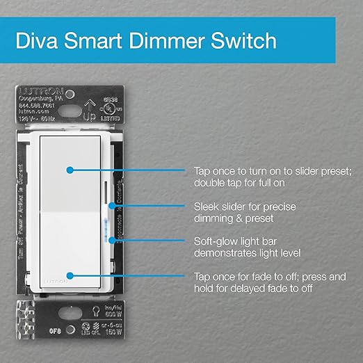 Lutron Diva Smart Dimmer Switch for Caséta Smart Lighting | No Neutral Wire Required | DVRF-6L-BL | Black