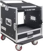 Sound Town 10U PA DJ Pro Audio Rack/Road ATA Case with 2U Drawer, 11U Slant Mixer Top, DJ Work Table, Casters, Pro Tour Grade (MR-DR10U)