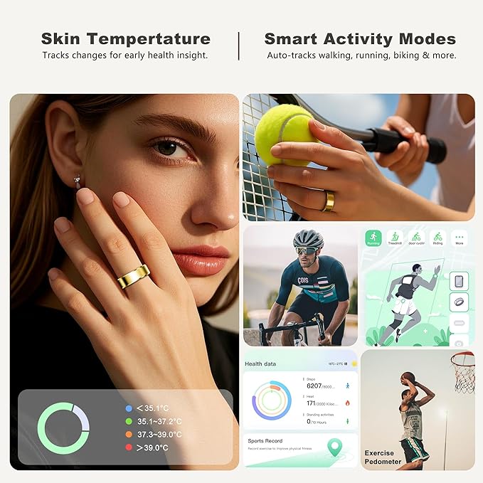 Smart Ring for Women Men, Fashion Minimalist Fitness Ring & Sleep Tracker Ring with Heart Rate, Blood Pressure, Waterproof Health Rings, Valentine's Day Gifts for Women, No Subscription (Size 8, Gold)