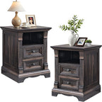 T4TREAM Farmhouse Nightstand Set of 2, 18" Sofa Side Table with Charging Station, Wood End Table w/Roman Column, Bedside Cabinet for Bedroom, Living Room, Dark Rustic Oak