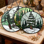 AMDERVEN Stained Glass Window Hanging 4 Pcs Set Forest Green Trees Winter Snow 9.8" - Suncatcher Door Garden Sun Catcher Home Decor Birthday Mother's Day for Woman Nana Mom Men