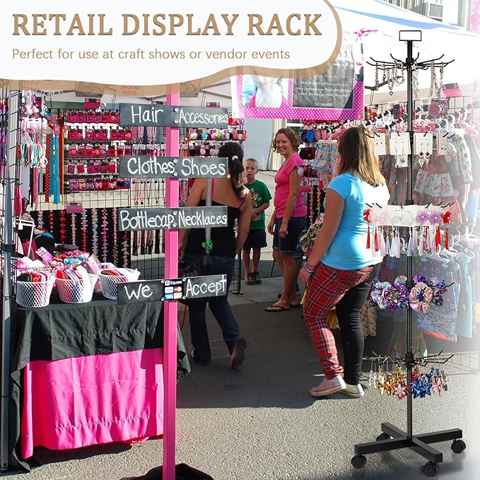 Exttlliy 5-Tier Metal Spinning Display Stand Rack with Wheels, Black Iron, 50 Hooks, Lockable Wheels, Ideal for Jewelry, Accessories, Foods
