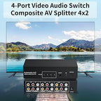 BolAAzuL RCA Switch Splitter 4 in 2 Out - Composite Video L/R Audio Selector Box 4X2, 4-Way RCA Switcher - 4 Port AV Splitter Selector Switch - for Wii PS2 Xbox DVD STB HDTV