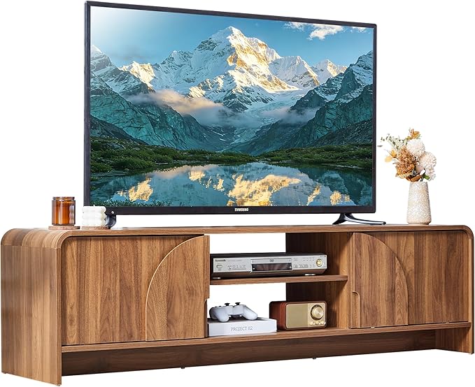 BERRYMERRY 63'' TV Stand for Up to 75" TVs,MCM TV Console Table with Big Arched Handle,Television Stands Entertainment Media Center with Sliding Door for Living Room Bedroom (Walnut)