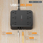 TESSAN 10Ft Black Extension Cord with Multiple Outlets, Flat Plug Surge Protector Power Strip with 6 Outlets and 4 USB Ports (2 USB C), PD 20W Fast Charger, 2100J Protection, for Home, Office, Dorm